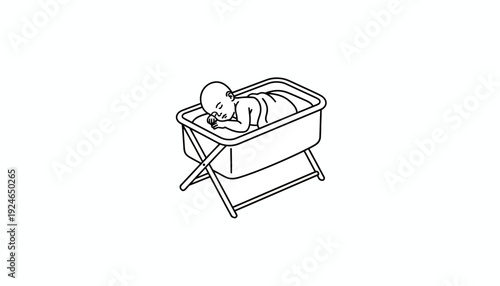 Newborn baby sleeping peacefully in a bassinet, line art illustration.
