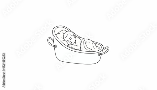 Newborn baby sleeping peacefully in a bassinet, simple line art illustration