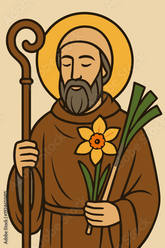Saint David figure in simple robe, holding staff with daffodil and leek, serene vector portrait