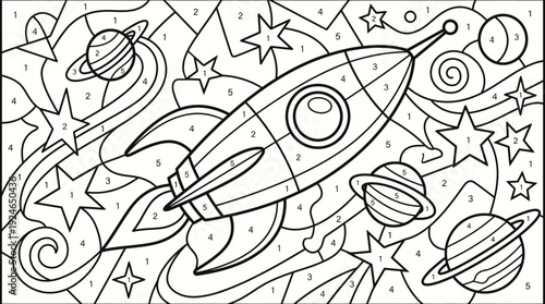Kids' Space Adventure Color By Number Coloring Page. Rocket Ship, Planets, and Stars Educational Activity for Children's Creativity.