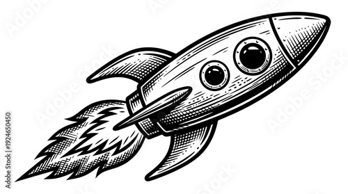 Vintage Rocket Launch Illustration - Retro Spaceship Flying Upward with Flames in Engraving Style, Black and White Vector Graphic