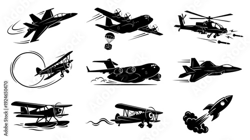 Aircraft Silhouettes Set: Fighter Jets, Helicopters, Biplanes, Cargo Planes & Rocket Icons