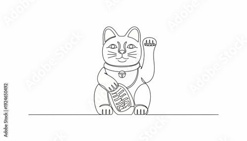 Maneki Neko Lucky Cat Drawing, Japanese Beckoning Cat, Waving Paw, Good Fortune Symbol
