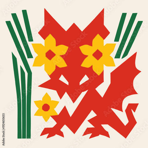 Abstract geometric design of Welsh dragon face made from daffodil shapes and leek lines