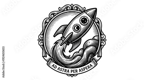 Vintage Rocket Launch Emblem: Ad Astra Per Aspera. Engraved Space Exploration Design with Ornate Frame & Stars.