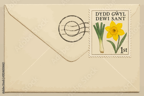 Envelope with "Dydd Gŵyl Dewi Sant" stamp featuring leek and daffodil, postal theme