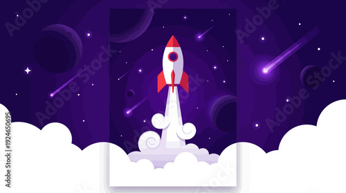 Rocket Launch into Deep Space with Planets, Shooting Stars, and Clouds - Vector Illustration of Cosmic Exploration and Startup Success