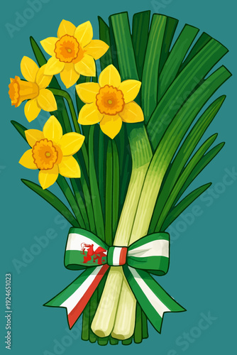 Large bouquet of daffodils and leeks tied with Welsh flag ribbon, vibrant vector