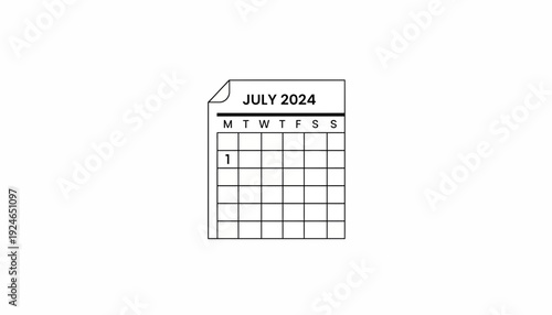 July 2024 Calendar Page Icon - Simple Line Art Design