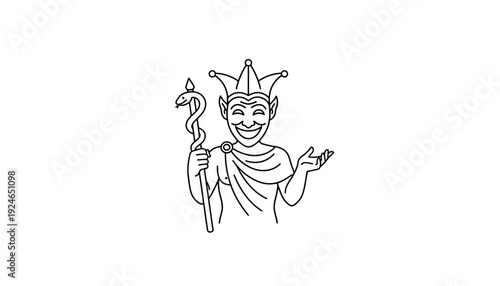 Jester with Caduceus Staff, Ancient Greek Mythology, Trickster Character, Outline Drawing