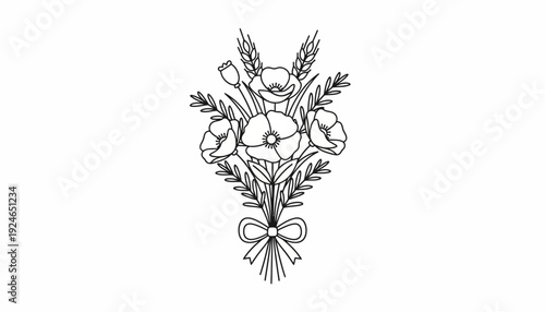 Hand-drawn bouquet of poppies and wheat ears with a bow, black and white sketch.