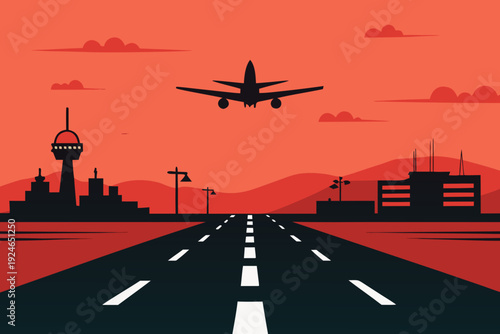 Busy Airport Runway with Airplanes Silhouette