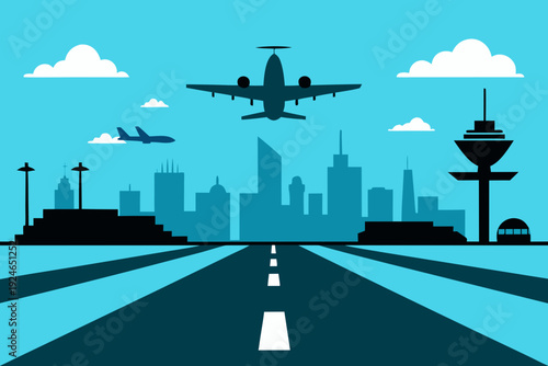 Busy Airport Runway with Airplanes Silhouette