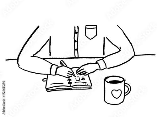 ノートに日記を書く手元のシンプル線画イラスト　コーヒーと静かな時間