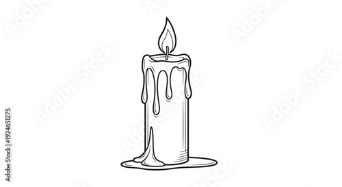 Hand-drawn illustration of a melting candle with a flame, isolated on white background.