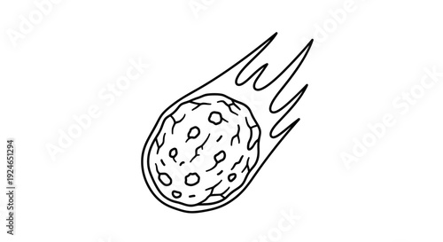 Hand-drawn illustration of a meteor or asteroid with a fiery tail streaking across a white background.