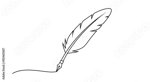 Feather Quill Pen Writing Elegant Line Art on White Background