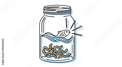 Fish and worms in a jar, illustration of a food chain or ecosystem concept
