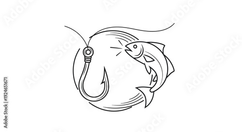 Fishing Hook and Fish Icon - Outline Illustration of Catching a Fish
