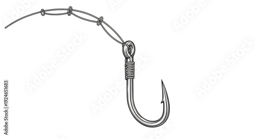 Fishing hook with line and knot, close-up, isolated on white background, illustration