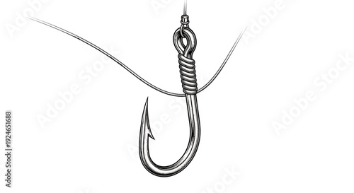 Fishing hook with line, close-up, detailed sketch illustration