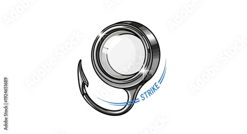 Fishing Hook with Magnifying Glass and "Strike" Text - Concept of Fishing Success and Investigation