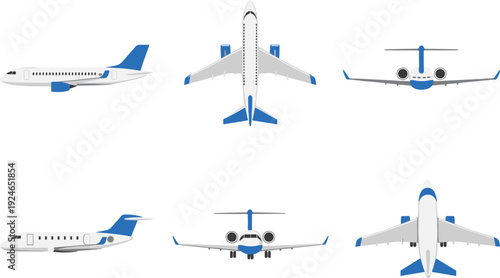Commercial airplane set in multiple views, passenger aircraft vector illustration showing top front side perspectives, aviation transport, air travel, airline industry and modern flight concept