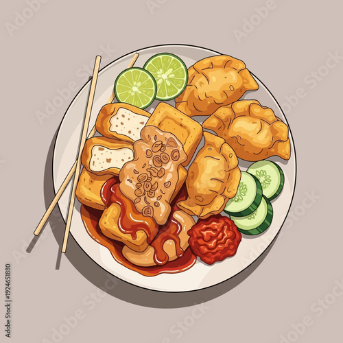 Delicious Indonesian street food illustration featuring fried tofu, fish dumplings, and fresh cucumber slices drizzled with savory peanut sauce, perfect for a culinary journey