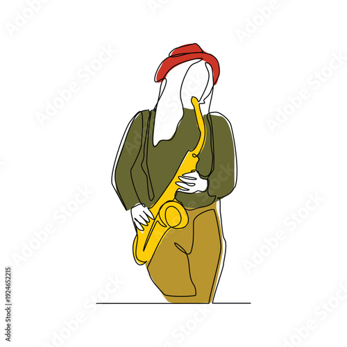 Continuous line sketch drawing of woman musician classic jazz playing trumpet saxophone music instrument. One single line classic royal jazz orchestra editable stroke vector illustration