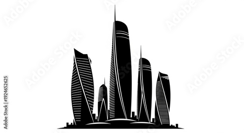 Black silhouette of a modern city skyline with sleek skyscrapers