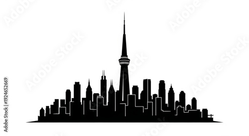 Black silhouette of a city skyline with tall buildings and towers