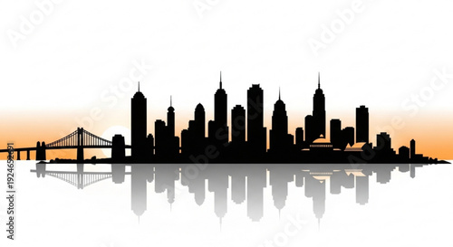 City skyline silhouette at sunset with bridge and reflection on water