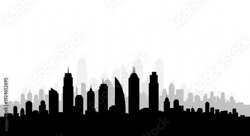 Black silhouette of a city skyline with tall buildings