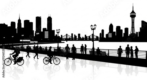 Silhouette of cityscape with people walking and cycling along waterfront promenade