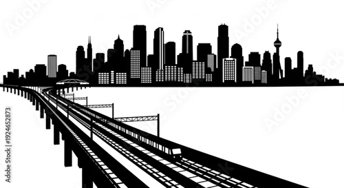 City skyline silhouette with train tracks
