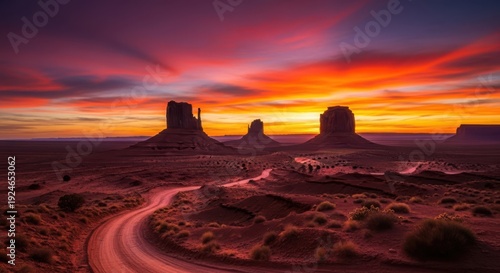 Dramatic sunset over monument valley with winding dirt road in foreground, iconic buttes silhouetted against fiery sky