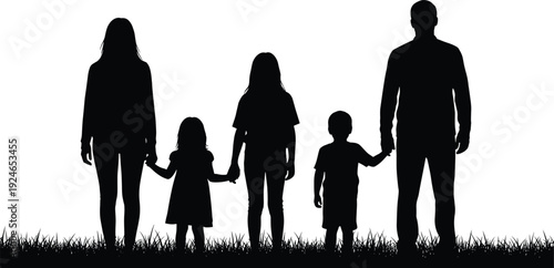 Black silhouette of a happy family with three children holding hands standing on grass field isolated on a white background.
