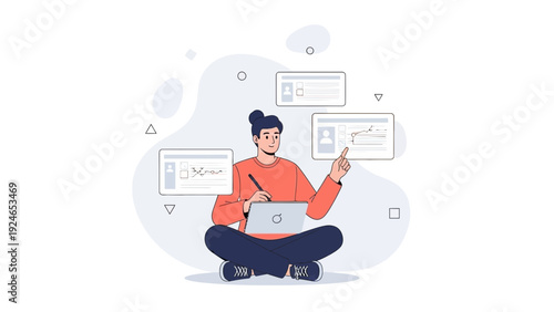 Young designer working on digital tablet, planning project with charts and profiles