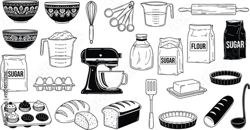 Black and white woodcut style illustration set of baking ingredients, kitchen tools, mixer, bread, flour, and sugar on white background.