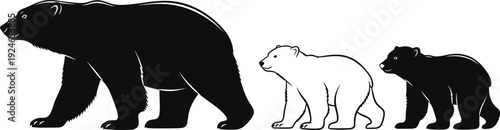 Black and white woodcut style illustration of a polar bear mother walking with two small cubs on a white background.