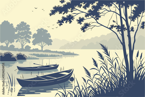 Lakeside Summer Morning with Boats and Light Mist