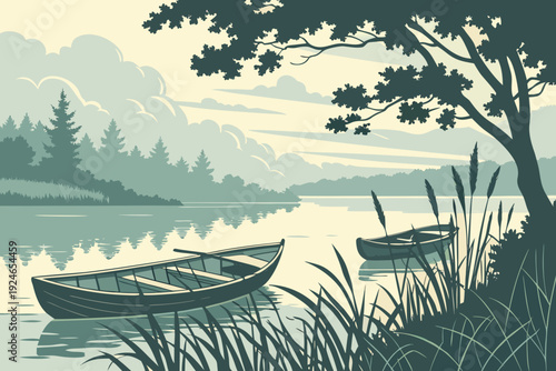 Lakeside Summer Morning with Boats and Light Mist