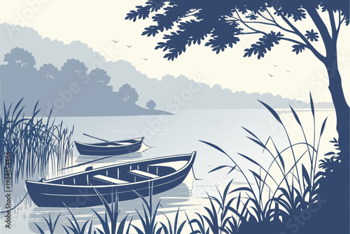 Lakeside Summer Morning with Boats and Light Mist