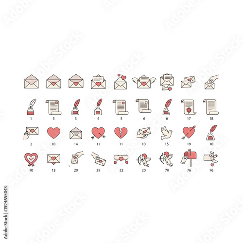 Pixel Art Love Letter and Romantic Message Icon Set for Valentines