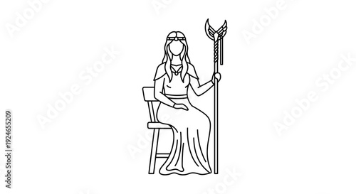 Elegant Goddess Sitting on Chair Holding Staff with Crescent Moon Symbol