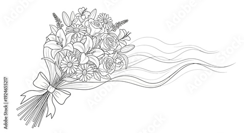 Elegant Flower Bouquet Sketch with Flowing Ribbons, Black and White Line Art