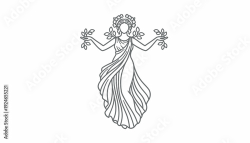 Elegant Greek Goddess Line Art Illustration with Laurel Wreath and Olive Branches