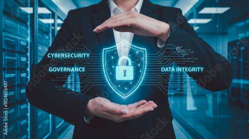 Corporate leader securing enterprise data with virtual cybersecurity shield. IT governance, data integrity, network protection and digital risk management concept for business security infrastructure.