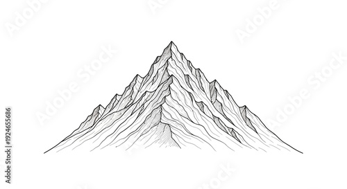 Detailed Sketch of a Jagged Mountain Peak, Black and White Line Art, Nature Landscape