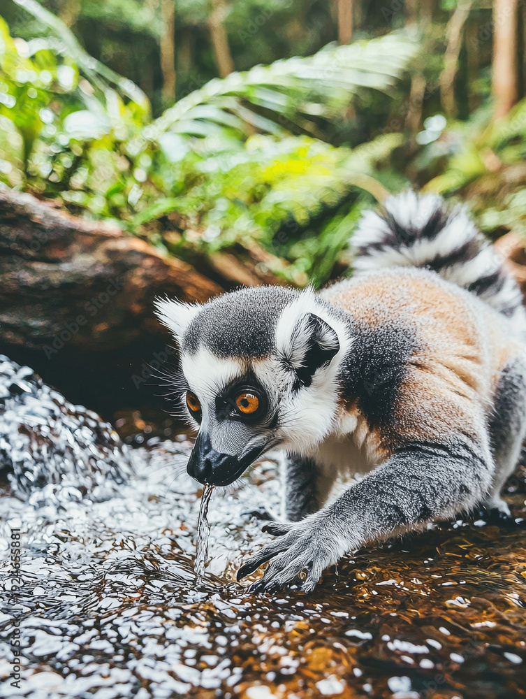 Obraz premium A lemur with bright orange eyes carefully sips clear water from a jungle stream, surrounded by lush green foliage